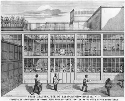 Fabbrica di cartucce per fucili, Usine Chaudun, rue du Faubourg Montmartre 7, Parigi, inciso da Luc (XIX secolo) da French School